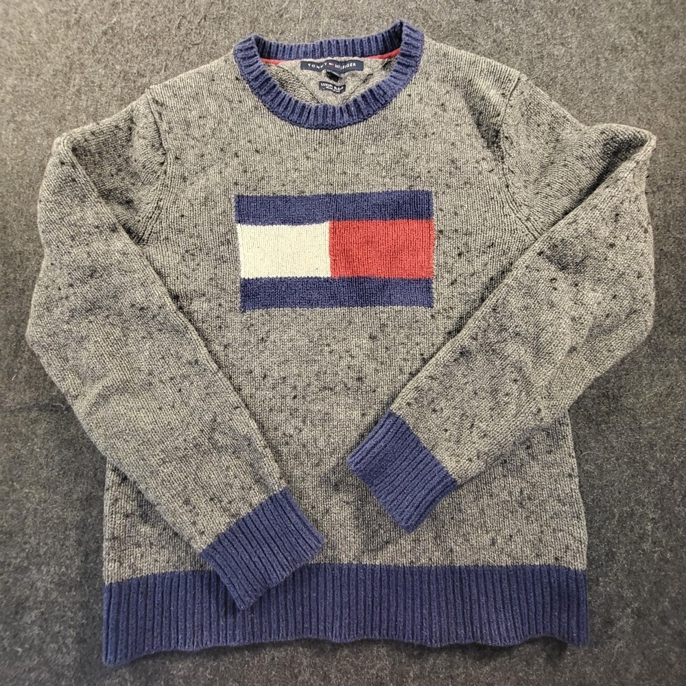 Tommy Hilfiger Sweater Mens Medium Gray Flag Logo Crew Cotton Wool Luxury Blend